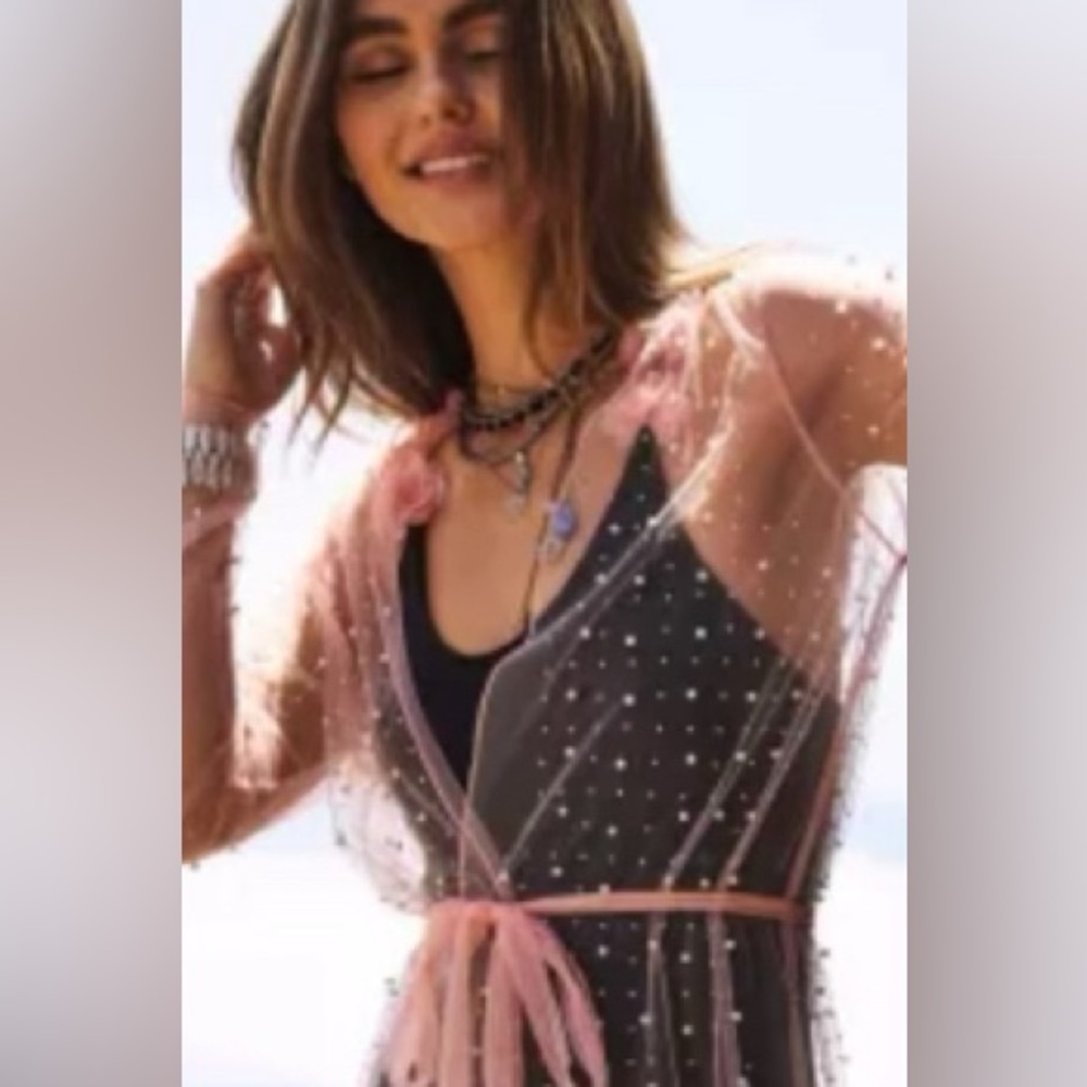 Davi & Dani Boho Sheer Pearl & rhinestone Longline Kimono Swimsuit Cover SZ 1XL